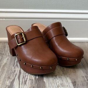 Time and Tru Brown Leather Studded Clog Mules with Buckle Accent